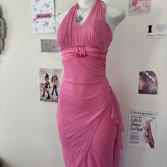Deb Y2K Pink Rhinestone Halter Mesh Maxi Dress — Fairycore / Prom / Princess - Picture 5 of 8